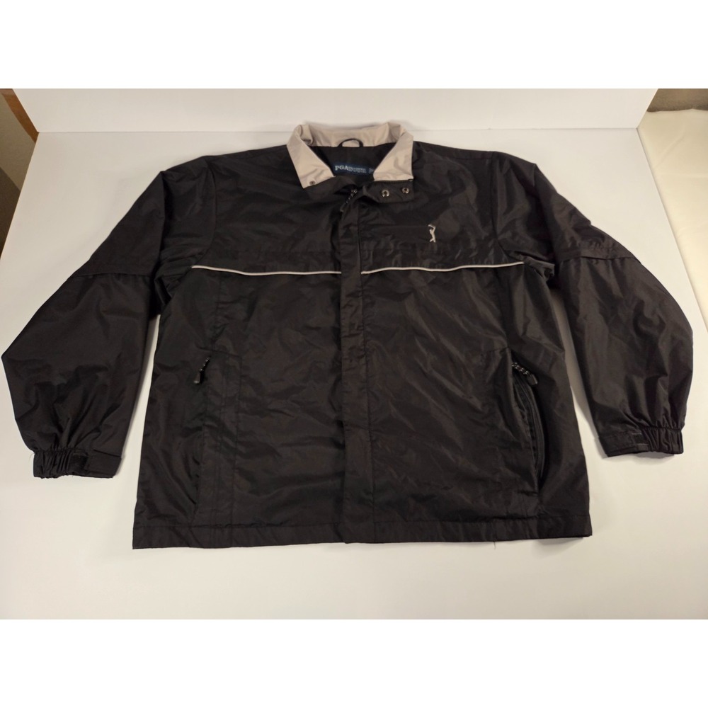 PGA Tour Jacket Mens Extra Large Black Tan Zip Sleeves Adjustable Windbreaker